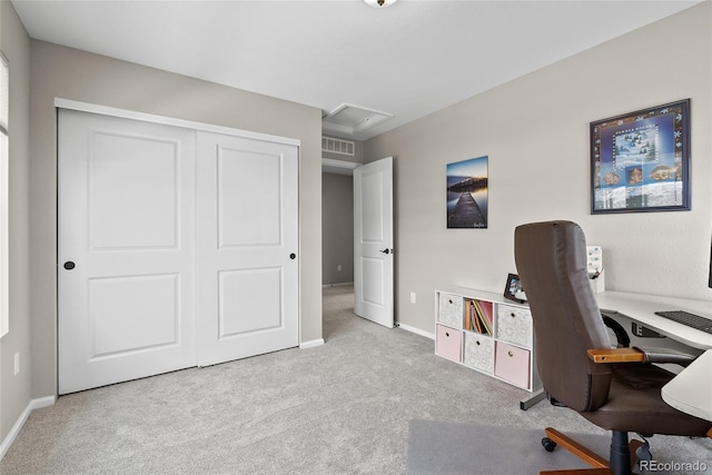 138 Lullaby Ln, Castle Rock, CO 80109 - home office featuring carpet floors, baseboards, and attic access