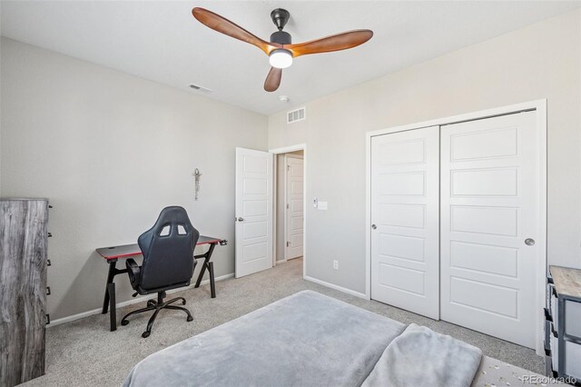 2449 Foerster Grass Vw, Colorado Springs, CO 80915 - bedroom featuring light carpet, a ceiling fan, visible vents, and baseboards