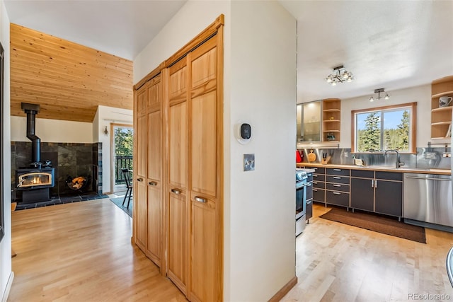 kitchen featuring light hardwood / wood-style floors, a wood stove, decorative backsplash, sink, and appliances with stainless steel finishes