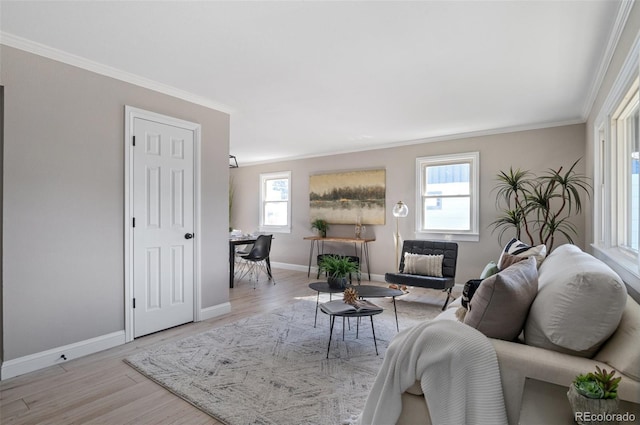 living room featuring baseboards, wood finished floors, and crown molding