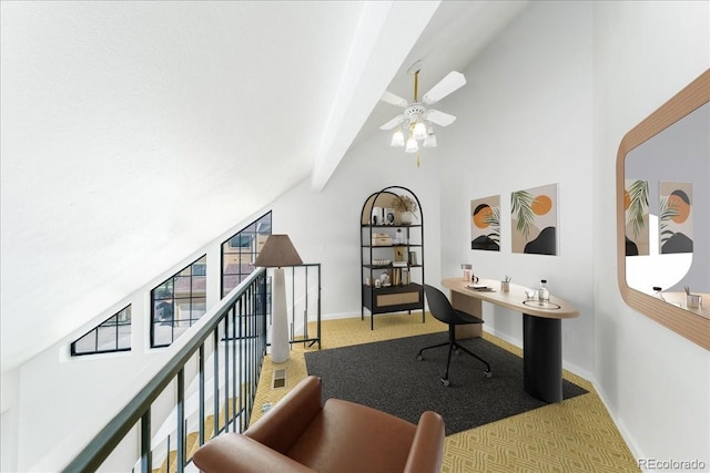 office area featuring a ceiling fan, baseboards, high vaulted ceiling, beamed ceiling, and carpet flooring