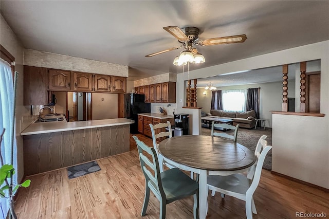 dining space with ceiling fan and light wood-type flooring