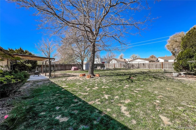 view of yard with a fenced backyard, a storage unit, an outbuilding, and a patio area