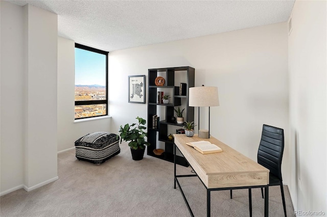 carpeted office space with visible vents, baseboards, and a textured ceiling