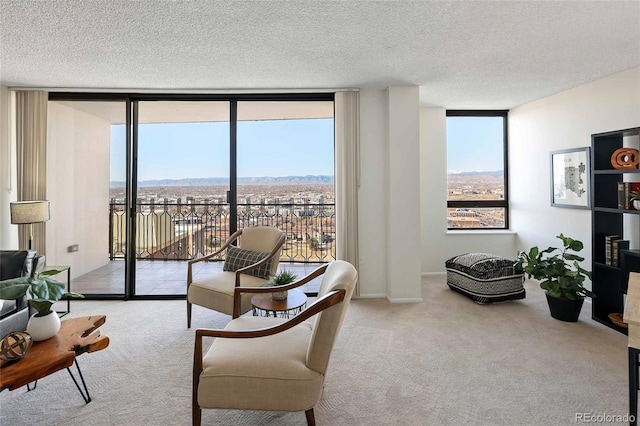 carpeted living area with a wall of windows, a wealth of natural light, and a textured ceiling