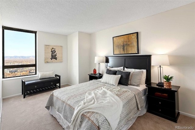 bedroom featuring a textured ceiling, baseboards, and carpet floors