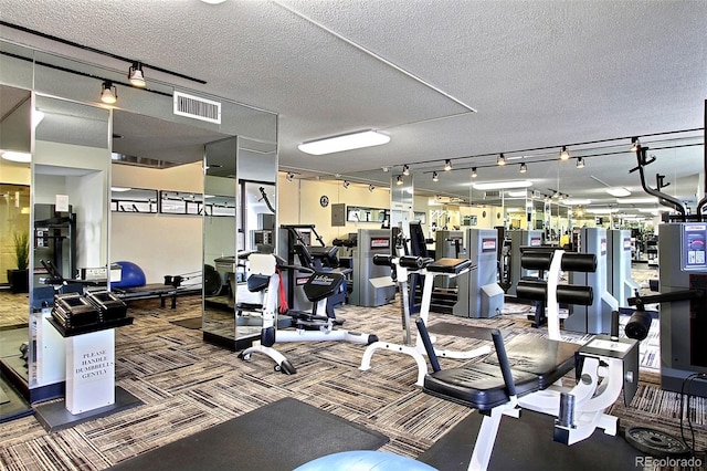 workout area with visible vents, a textured ceiling, and carpet