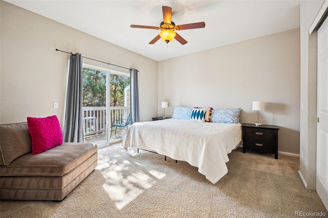 bedroom featuring access to exterior, carpet flooring, a ceiling fan, and baseboards