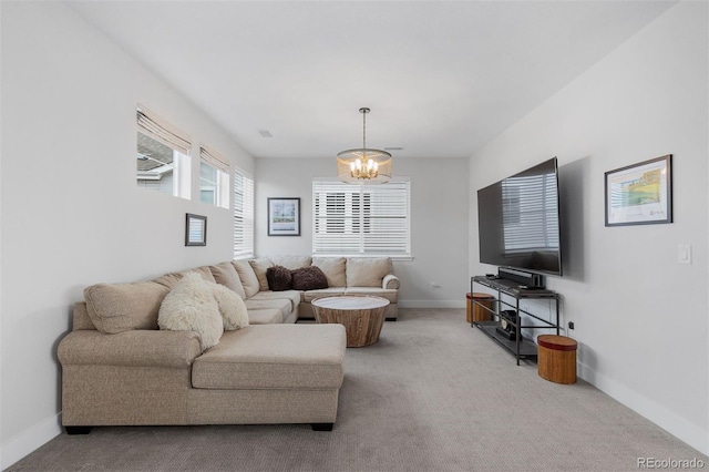 7077 Copper Sky Cir, Castle Pines, CO 80108 - carpeted living area with baseboards and a chandelier
