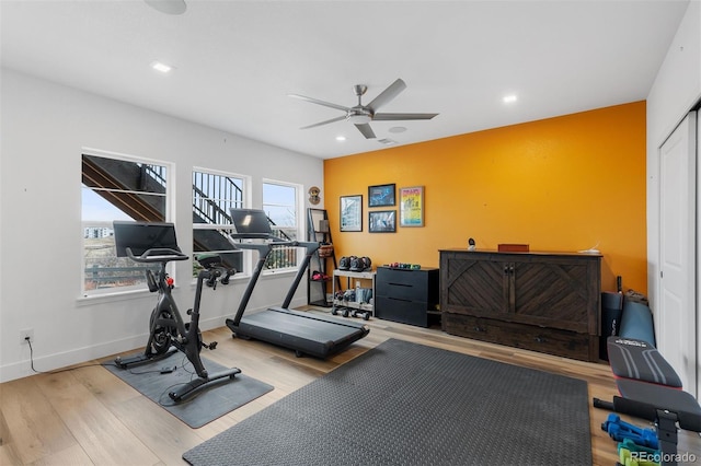7077 Copper Sky Cir, Castle Pines, CO 80108 - workout area with ceiling fan, wood finished floors, recessed lighting, and baseboards
