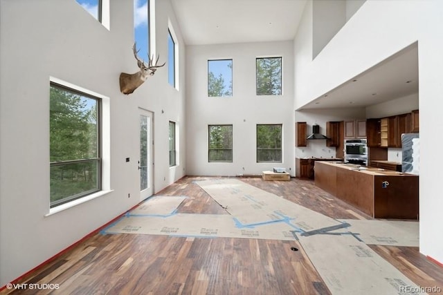 interior space featuring a healthy amount of sunlight, double oven, and a towering ceiling