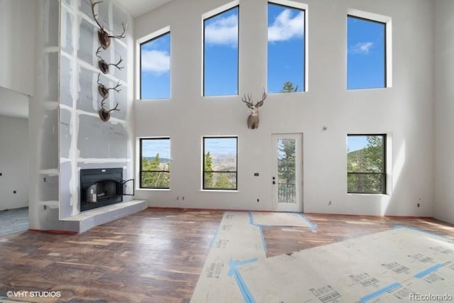 unfurnished living room with a high ceiling and dark wood-type flooring