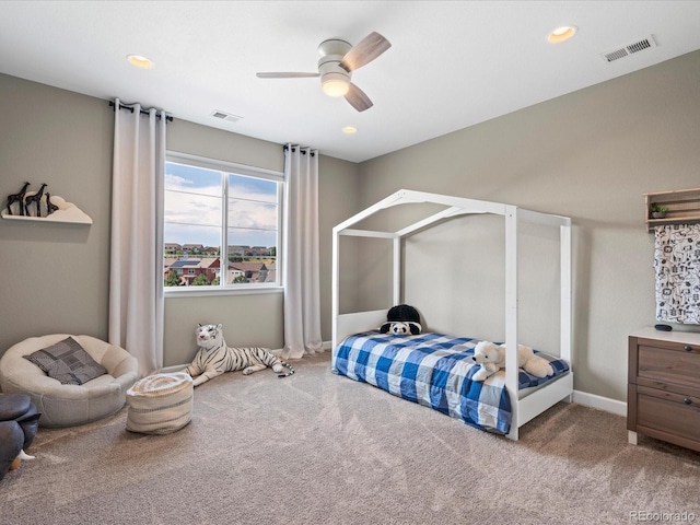 bedroom featuring carpet flooring and ceiling fan