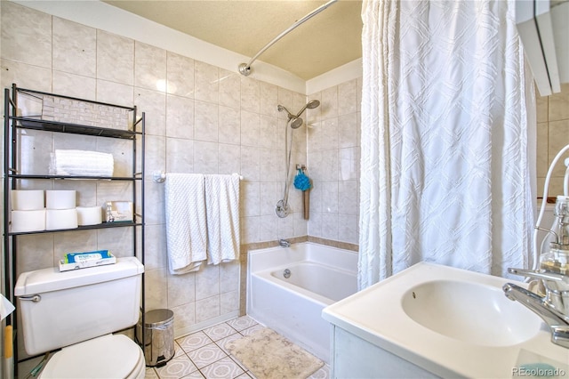 full bathroom featuring tile walls, tile patterned flooring, shower / tub combo, toilet, and vanity