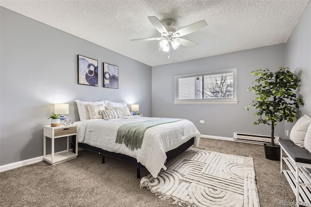 bedroom with baseboards, ceiling fan, baseboard heating, a textured ceiling, and carpet floors