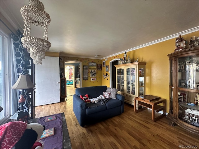 260 Sheridan Blvd, Denver, CO 80226 - living area featuring wood finished floors, arched walkways, plenty of natural light, and crown molding