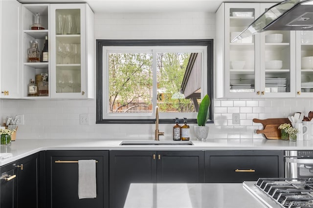 3103 W Bellewood Dr, Englewood, CO 80110 - bar area with a sink, decorative backsplash, and stainless steel gas stovetop