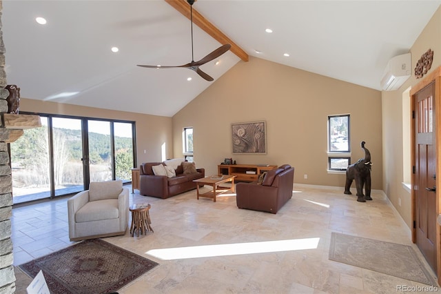 20101 Spring Gulch Rd, Morrison, CO 80465 - living room with high vaulted ceiling, beam ceiling, recessed lighting, and a wall mounted air conditioner