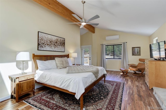 20101 Spring Gulch Rd, Morrison, CO 80465 - bedroom with beamed ceiling, a wall mounted AC, dark wood-type flooring, baseboards, and high vaulted ceiling