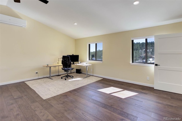 20101 Spring Gulch Rd, Morrison, CO 80465 - unfurnished office featuring an AC wall unit, wood-type flooring, vaulted ceiling, recessed lighting, and baseboards