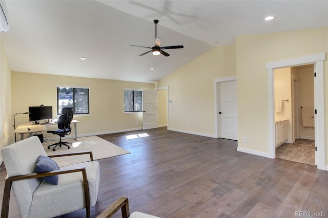 20101 Spring Gulch Rd, Morrison, CO 80465 - office area with ceiling fan, dark wood finished floors, lofted ceiling, baseboards, and recessed lighting