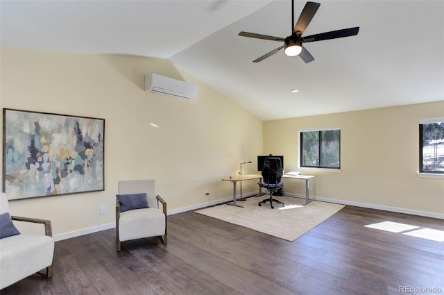 20101 Spring Gulch Rd, Morrison, CO 80465 - sitting room with a wall mounted AC, vaulted ceiling, an office area, plenty of natural light, and wood finished floors