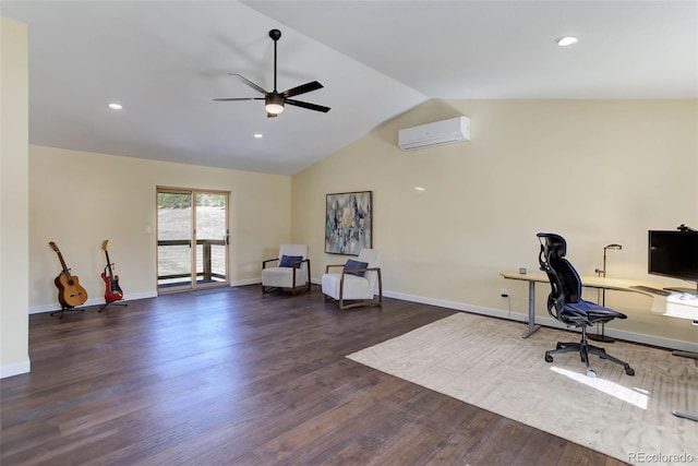 20101 Spring Gulch Rd, Morrison, CO 80465 - office area featuring a wall unit AC, lofted ceiling, a ceiling fan, wood finished floors, and baseboards