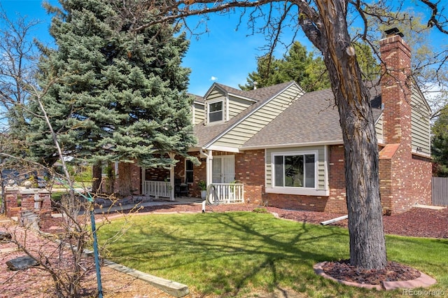 cape cod home with brick siding, roof with shingles, covered porch, a front yard, and a chimney