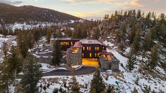 snow covered back of property featuring a mountain view