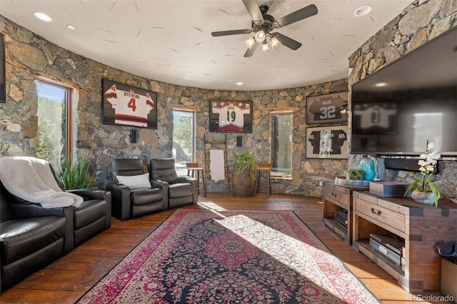 142 Outpost Ln, Evergreen, CO 80439 - living area with hardwood / wood-style floors, ceiling fan, plenty of natural light, and recessed lighting