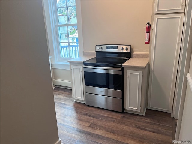 401 Rose St, Georgetown, CO 80444 - kitchen featuring stainless steel electric range oven, healthy amount of natural light, dark wood-style floors, and baseboard heating