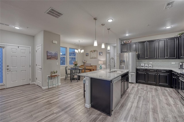 kitchen with visible vents, a sink, light wood-style floors, and stainless steel appliances