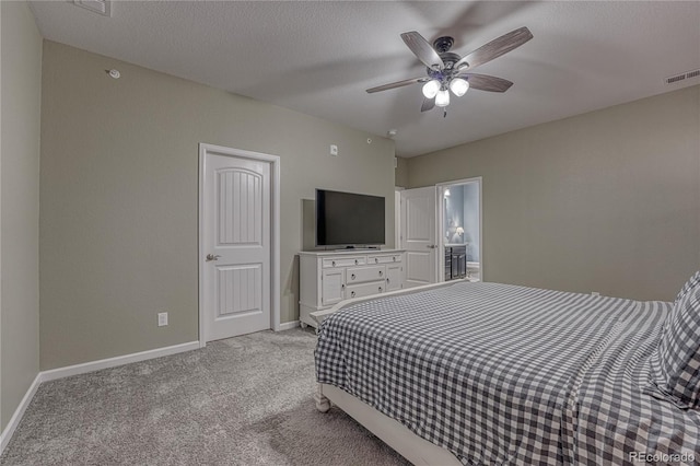 bedroom with baseboards, ceiling fan, light carpet, and visible vents