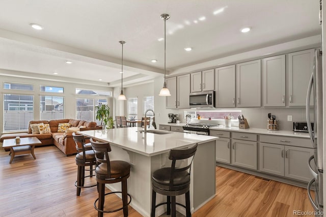 kitchen featuring a sink, gray cabinetry, light wood finished floors, and stainless steel appliances