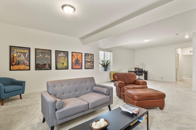 living room featuring light colored carpet and baseboards