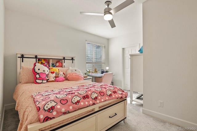 bedroom featuring baseboards, light colored carpet, and a ceiling fan