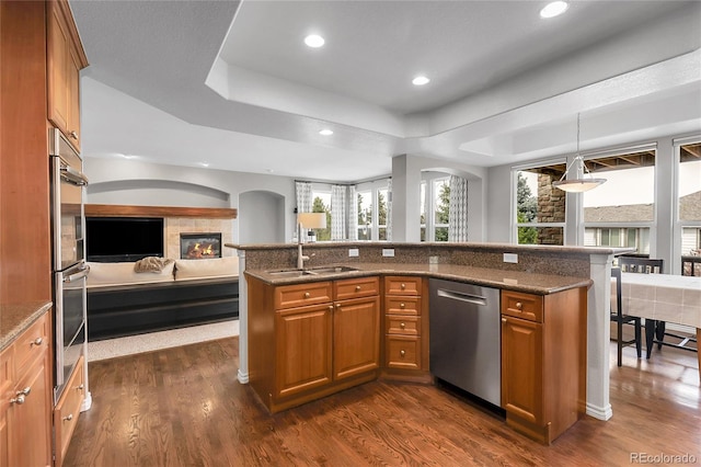 kitchen with brown cabinetry, dark wood-style flooring, a sink, open floor plan, and stainless steel appliances