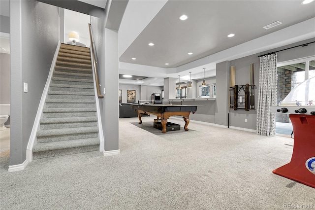 rec room featuring baseboards, pool table, visible vents, and light colored carpet