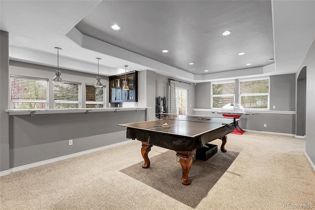 playroom with baseboards, a tray ceiling, recessed lighting, and carpet floors