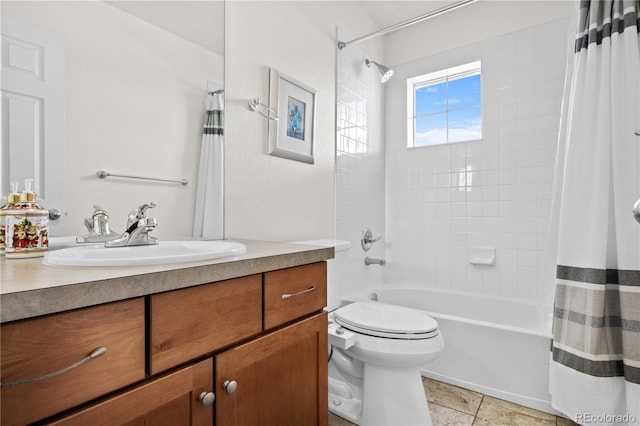 full bathroom with shower / bath combination with curtain, tile patterned floors, toilet, and vanity