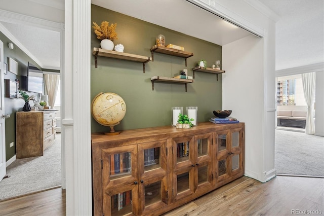 interior details featuring crown molding, carpet flooring, baseboards, and wood finished floors