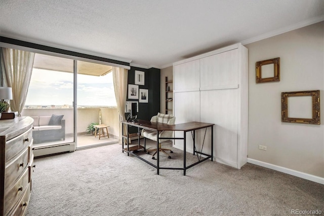 office space with carpet floors, crown molding, and baseboard heating