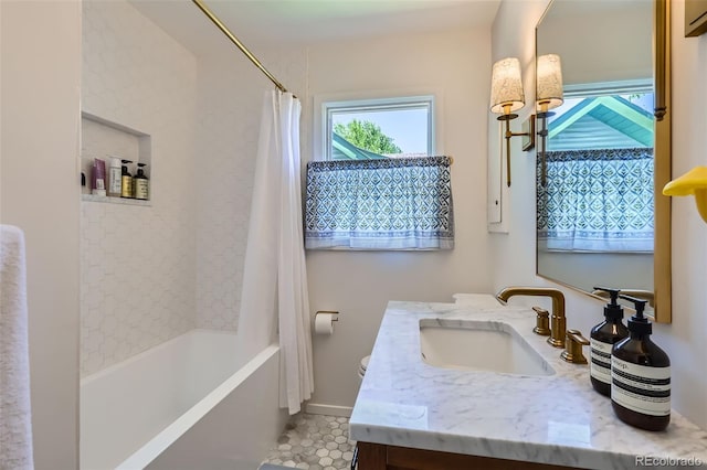 full bath with vanity, tile patterned flooring, and shower / bath combo with shower curtain
