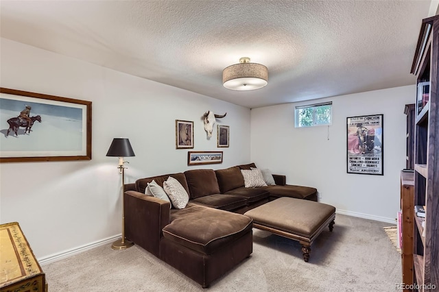 carpeted living area with baseboards and a textured ceiling