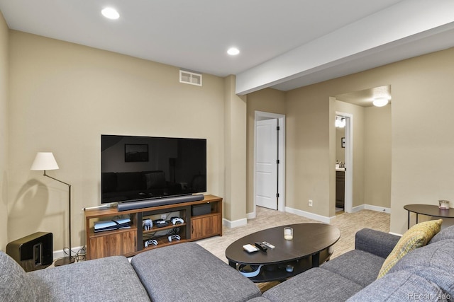 living room with light colored carpet