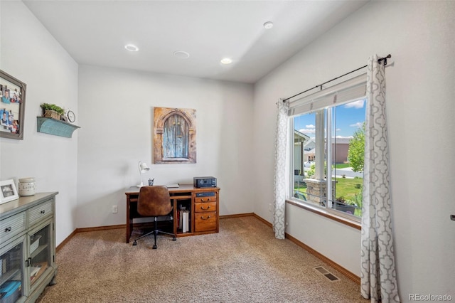 641 Denali Ct, Windsor, CO 80550 - home office featuring light colored carpet, baseboards, and recessed lighting