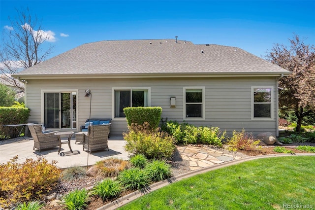 641 Denali Ct, Windsor, CO 80550 - rear view of house with a patio, roof with shingles, an outdoor living space, and a lawn
