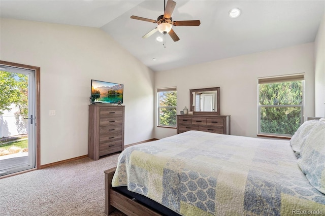 641 Denali Ct, Windsor, CO 80550 - carpeted bedroom with access to outside, vaulted ceiling, multiple windows, baseboards, and ceiling fan