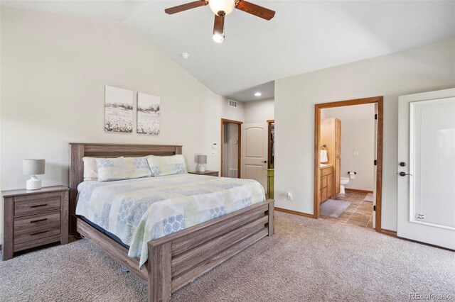 641 Denali Ct, Windsor, CO 80550 - bedroom with lofted ceiling, light colored carpet, baseboards, ensuite bathroom, and a ceiling fan