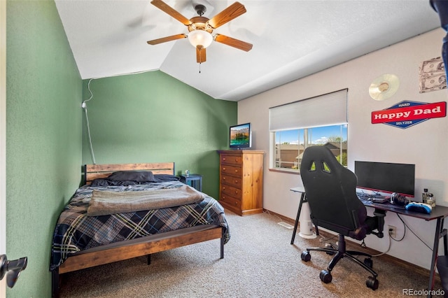 641 Denali Ct, Windsor, CO 80550 - carpeted bedroom featuring a desk, vaulted ceiling, baseboards, and ceiling fan